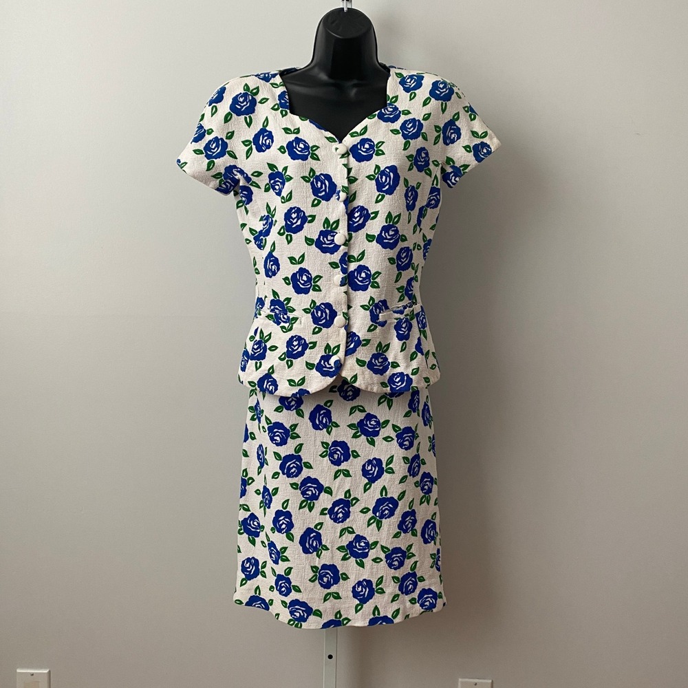 Adrienne‎ Vittadini Cotton Dainty Quirky Floral Print Peplum Skirt Set 6 White